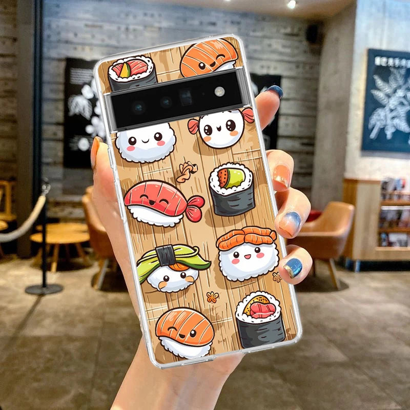 Phone Case For Google Pixel 9 8 7 6 9A 8A 7A 6A 5 4 5A 4A 3A Pro XL Soft Clear TPU Transparent Cover Cute Cartoon Sushi