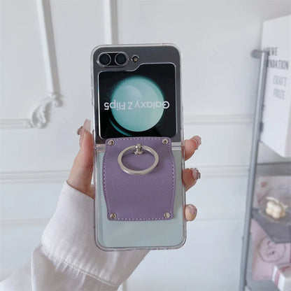 Fashion Ring Case for Samsung Galaxy Z Flip 6 5 5G 2024 New Fold Simple PC+Leather Cover Anti-knock Cases for Flip6 Flip5 Flip 5
