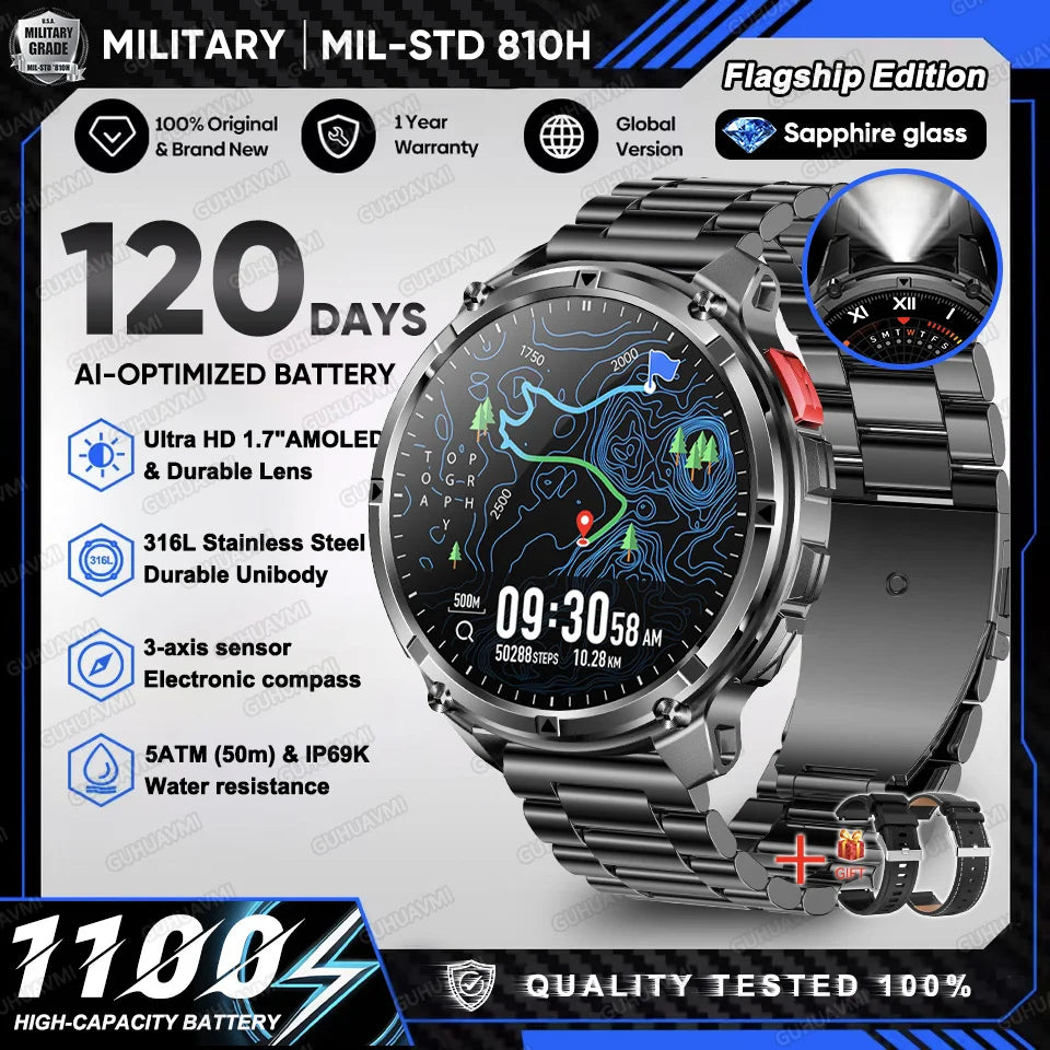 2026 New T-Rex 3 Ultra 1100mAh Military Smart Watch Men 5ATM Waterproof 1.7" AMOLED Screen Bluetooth Call Compass LED Flashlight