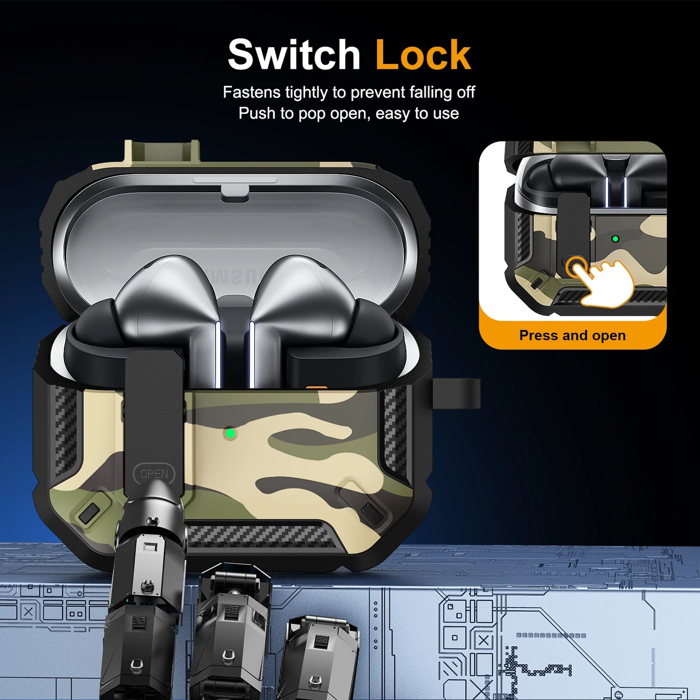 Stylish Camouflage Cover For Samsung Galaxy Buds 3 Pro Buds3 Pro Buzz 3 Pro Case With Lock Rugged Shell Armor Shockproof Sleeve