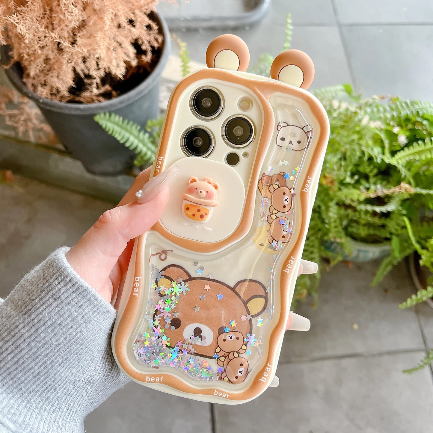 Phone Case For IPhone 17 17Pro 17ProMax 12 13 16 15 14 11 Pro Max Plus Quicksand Ears Rilakkuma Sliding Window Phone Back Cover
