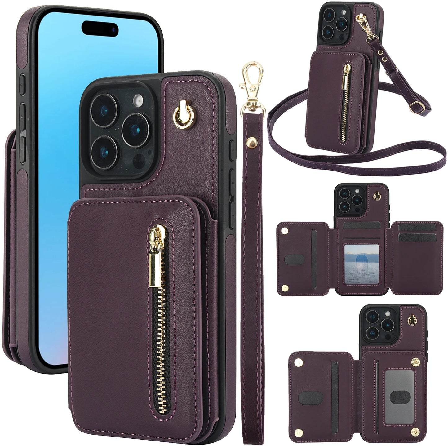 Card Slots Zipper Leather Wallet Case Flip Phone Case for IPhone 11 12 13 14 15 16 17 Pro Max Plus Promax 16e Ring Lanyard Purse