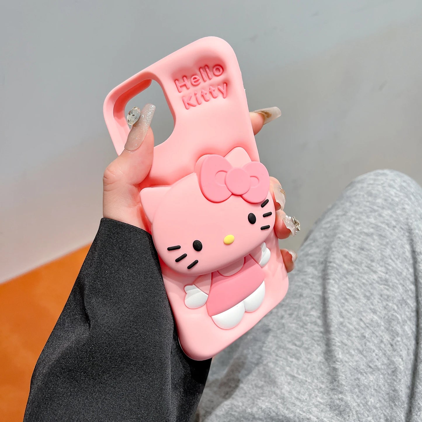 For iPhone 15 Pro Max 16 11 12 Pro 13 14 Pro Max 13Pro 3D Stitch Kitty Face Grip Tok Holder Cartoon Silicon Soft Phone Case