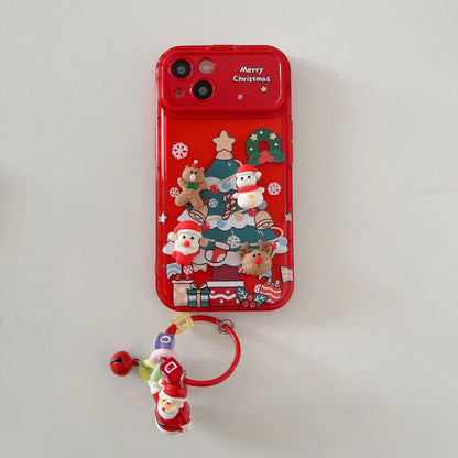 Cartoon 3D Christmas Elk Pendant Case For iPhone 17 16 15 14 13 12 11 Pro Max Plus Santa Claus Bell Keychain Stand Holder Cover