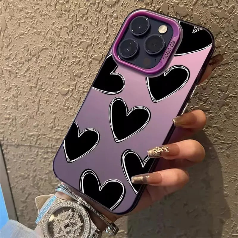 Luxury Love Heart Electroplate Silver IMD Case For iPhone 15 14 16 Pro Max Plus 11 12 13 Pro 7 8 Plus X XR Shockproof Back Cover