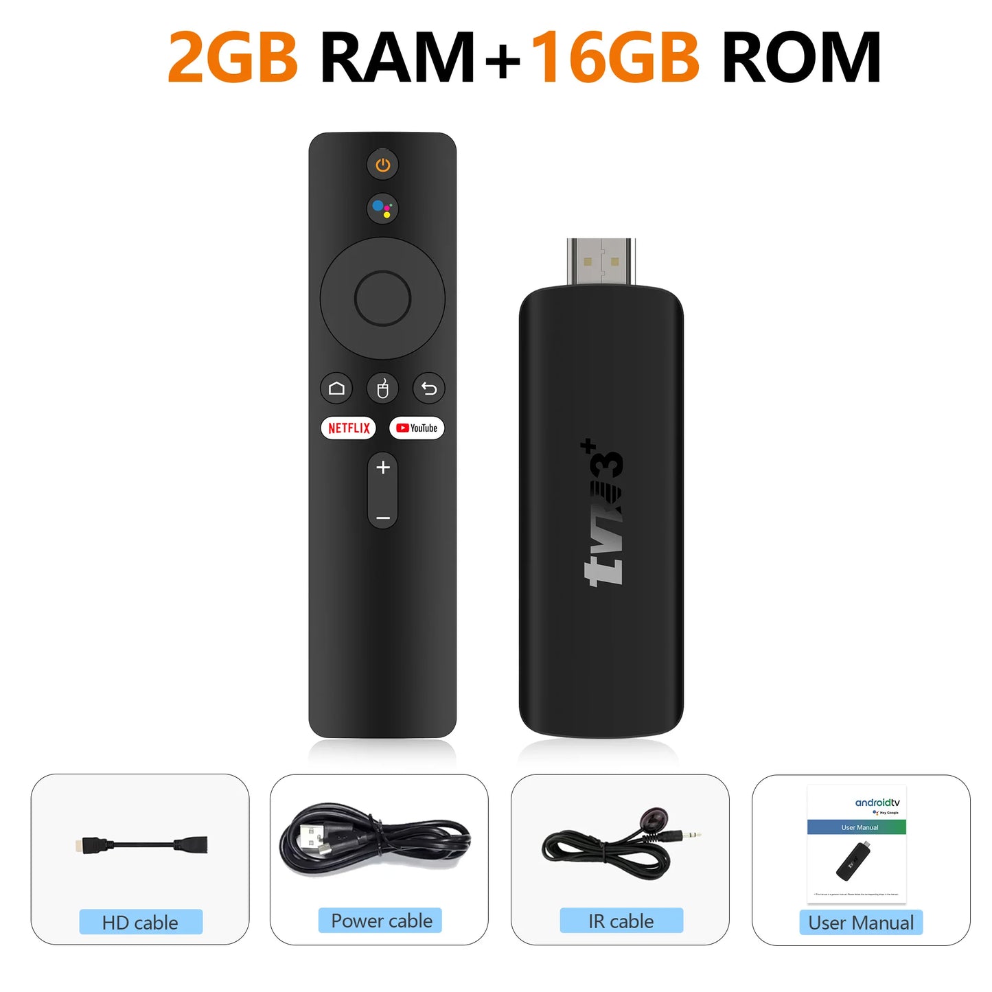 TVR3+ Android 14 TV Stick Full HD 8K 1080P WiFi 6 Google Voice NETFLIX Youtube Bluetooth 5.4 Wireless Video Decode Media Player