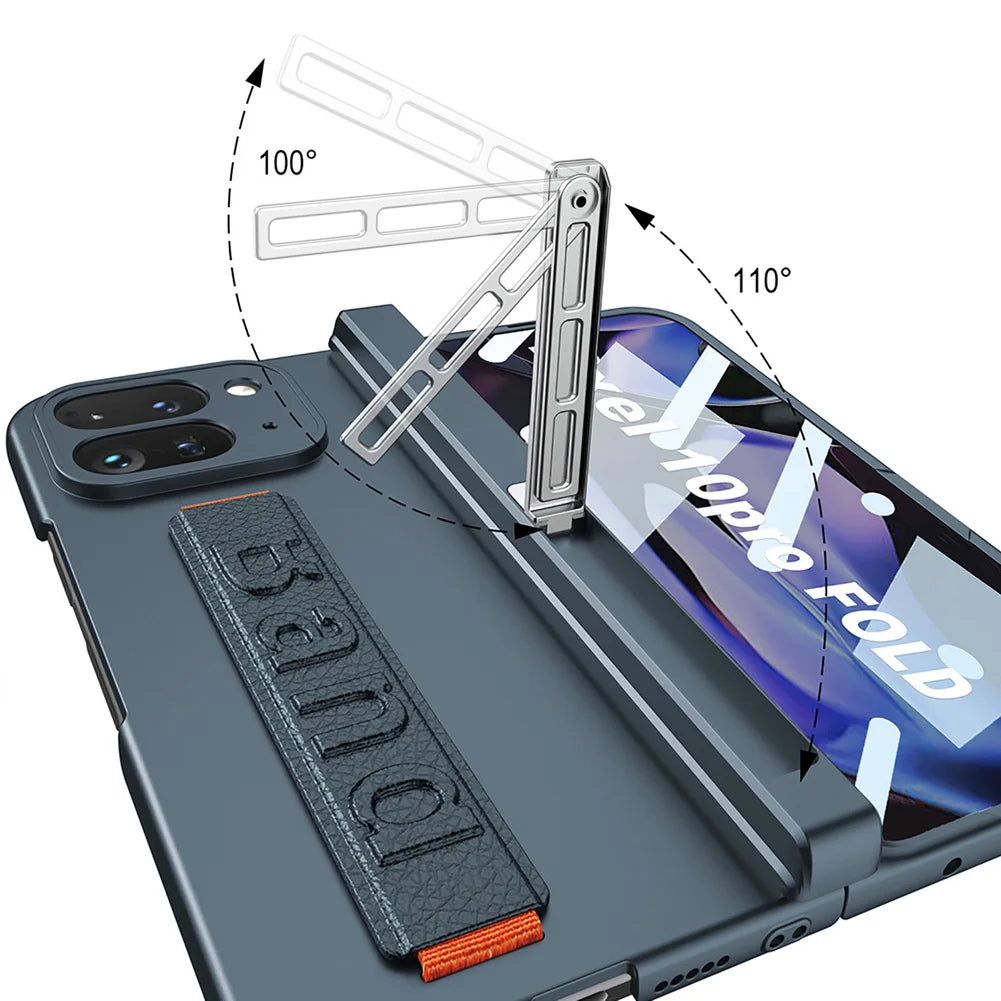 Magnetic Hinge Folding Stand Holder Wrist Strap with Glass Protector Case for Google Pixel 10 Pro Fold Lens Protect Cover