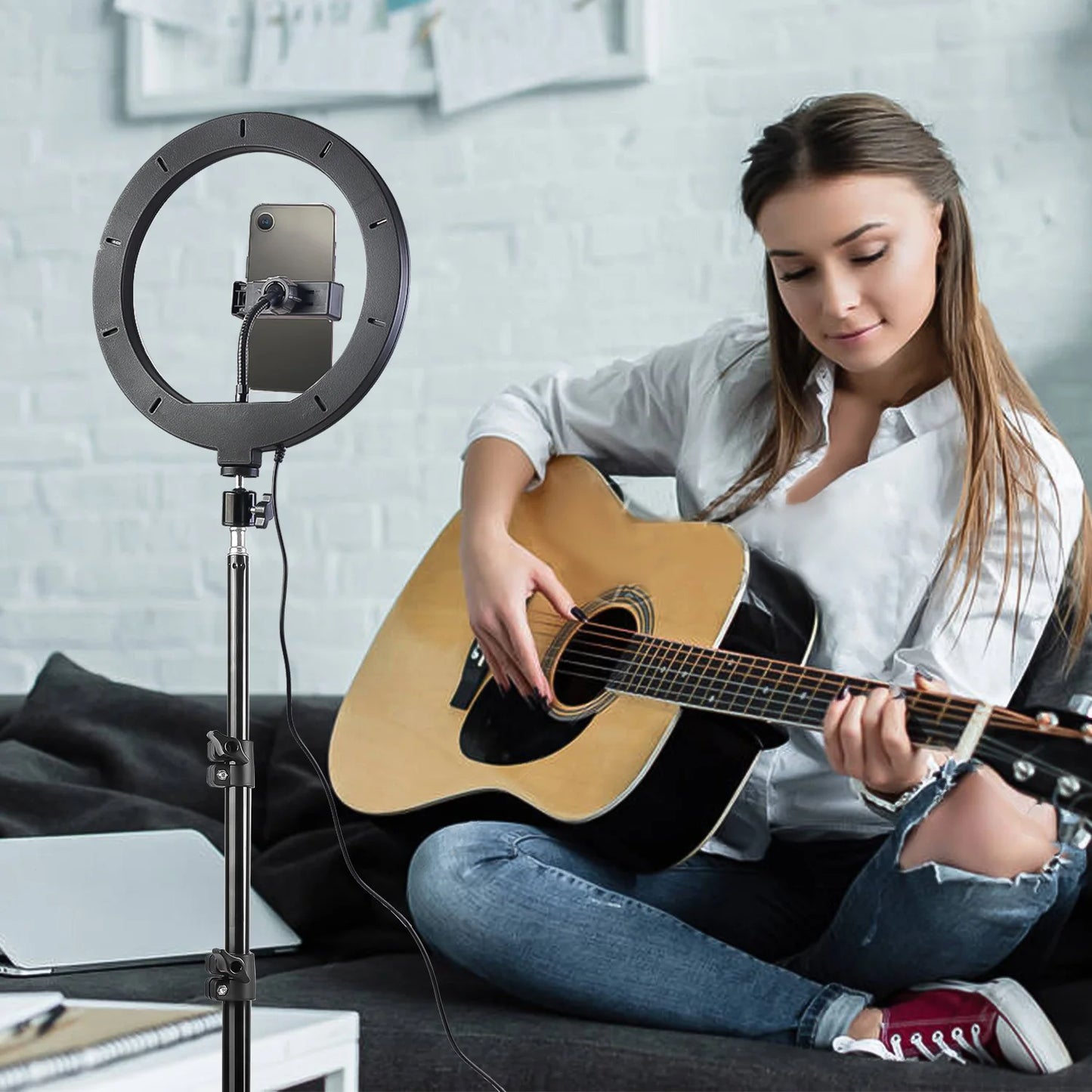 12 Inch Dimmable LED Ring Light with 110cm Tripod and Flexible Cell Phone Stand, USB Powered (3 Lighting Modes), For Selfies