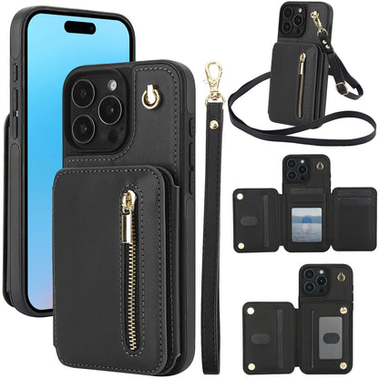 Card Slots Zipper Leather Wallet Case Flip Phone Case for IPhone 11 12 13 14 15 16 17 Pro Max Plus Promax 16e Ring Lanyard Purse