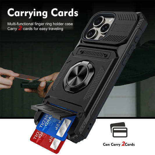2 Cards Holder Hybrid Defender Case for iPhone 16 Pro Max 15 14 13 11 Magnetic Ring Stand Funda iPhone 15 Pro 14 Plus 8 Plus