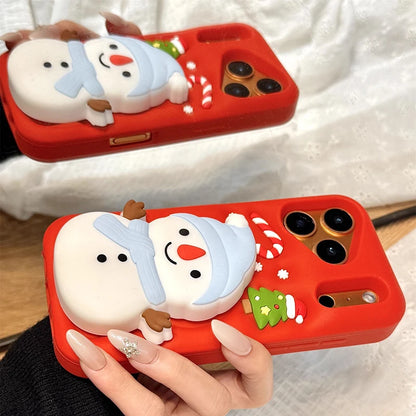 Christmas Tree Cute 3D Snowman Holder Stand Phone Case For iPhone 17 Pro Max 16 15 14 13 Air Shockproof Soft Silicone Back Cover