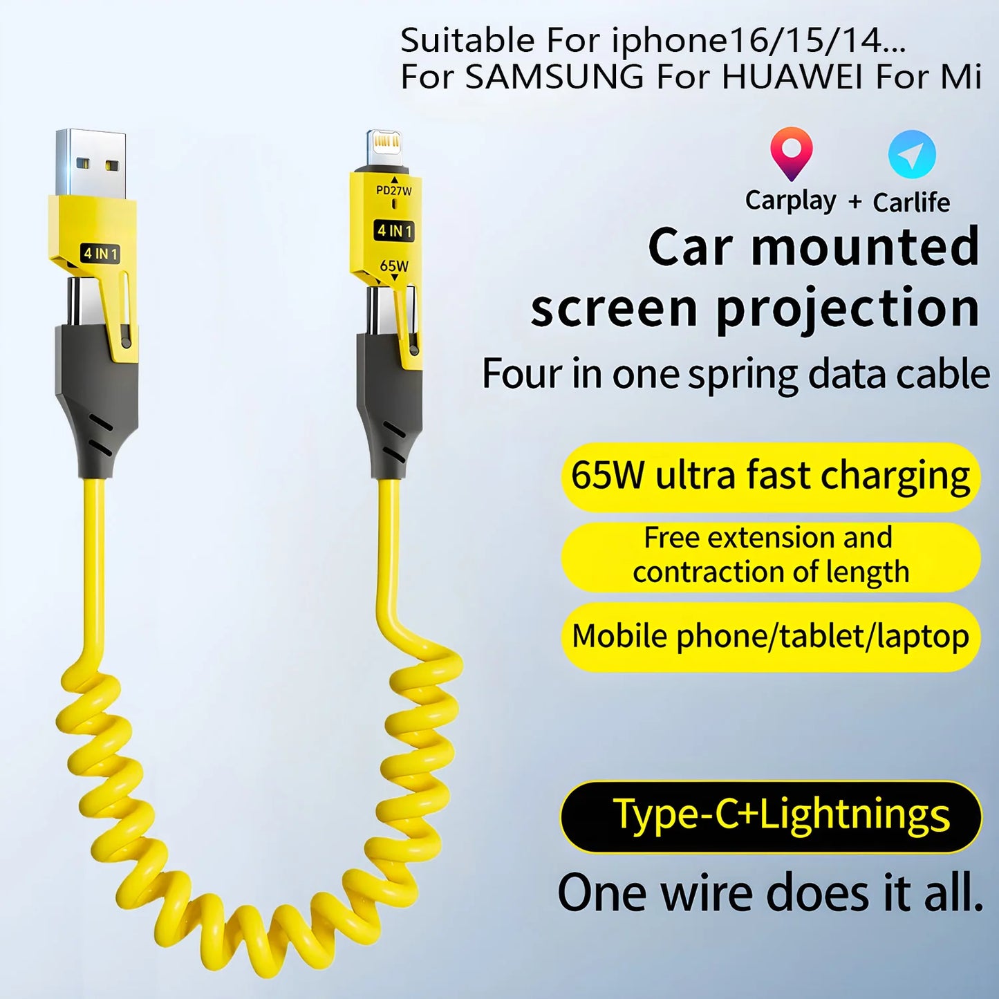 Zinc Alloy USB-C 4IN1 65w Fast Charging Cable for iPhone Usb Type C Cable For iPhone Xiaomi Samsung PD spring data cable