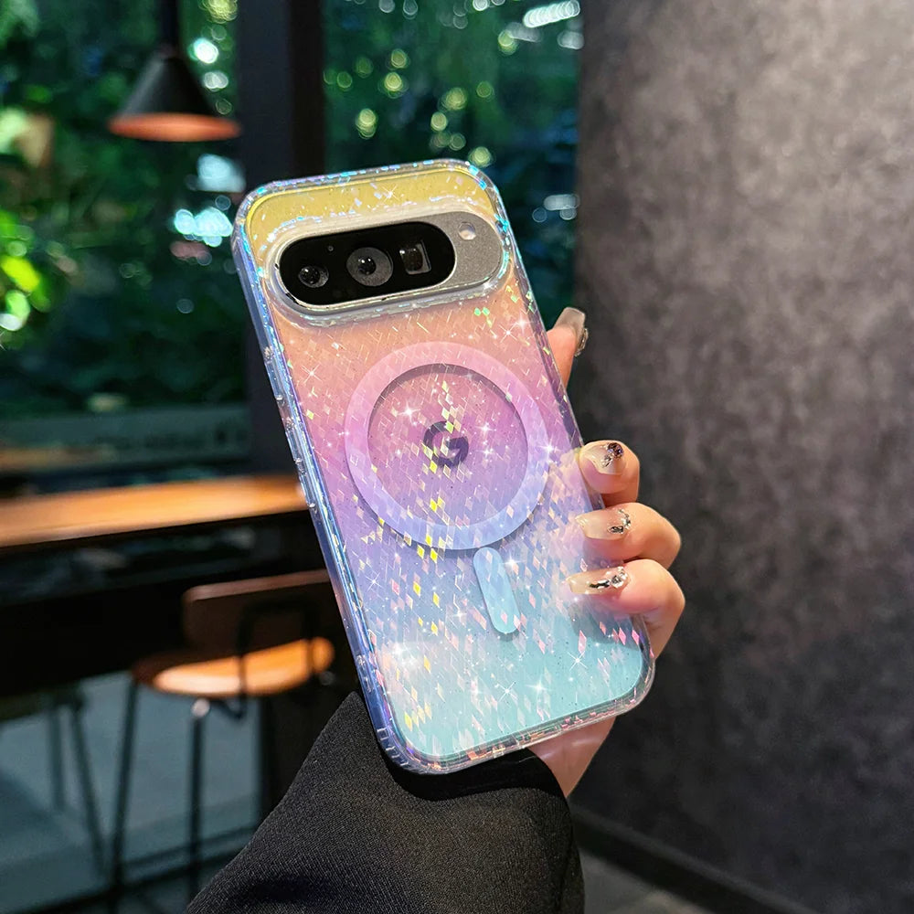 Luxury Laser Glitter Phone Case For Google Pixel 9 10 Pro XL 9A 9pro For Magsafe Magnetic Shockproof Bumper Hard Cover Funda