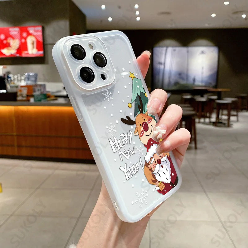 Christmas Case For iPhone 15 14 Pro Max 12 13 Pro Max 11 16 Luxury Lens Protector Shockproof Soft Cover Santa Claus Elk Snowman
