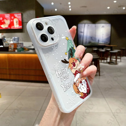 Christmas Case For iPhone 15 14 Pro Max 12 13 Pro Max 11 16 Luxury Lens Protector Shockproof Soft Cover Santa Claus Elk Snowman