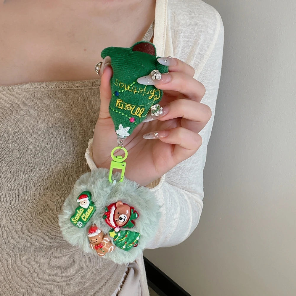 Cute 3D Xmas Cartoon Plush Earphone Case for AirPods 4 3 Pro 2 1, Merry Christmas Tree Pendant Bear Santa Claus Protective Cover