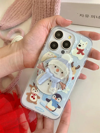 3D Cartoon  Christmas Snowman magnetic holder Phone Case for Iphone16 15 14 13 ProMax Shockproof  Soft Cute Anti-drop Back Cover