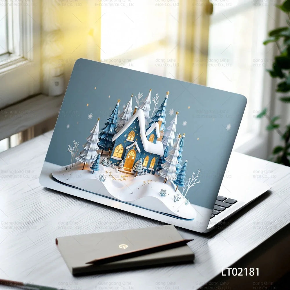 2PCS Christmas Flower Laptop Skin Stickers - Festive Holiday Floral Oil Painting Design, Waterproof PVC Decal Computer Decor