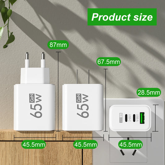 65W USB-C Fast Charging Charger PD Quick Charge 3.0 Wall Adapter for iPhone 15 Xiaomi POCO Samsung Oneplus - Phone Charging