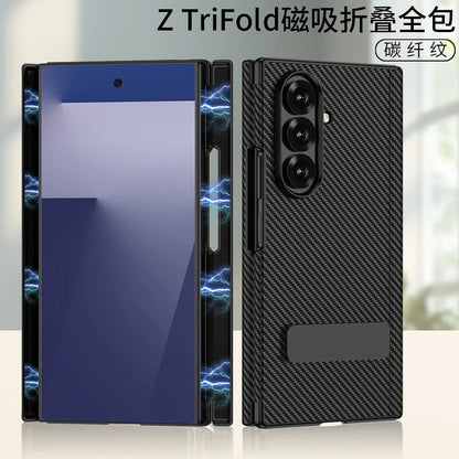 For Samsung Z Tri-Fold Phone Case TRIFOLD Dual Hinge Magnetic + Rotating Stand Z TRI-FOLD Leather Full Coverage Protection Cover