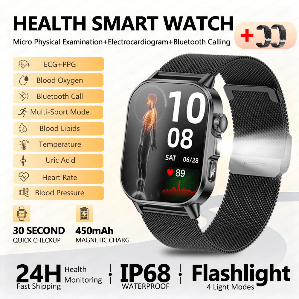 2026 New ECG Smart Watch Blood Pressure Blood Oxygen Uric Acid Monitoring IP68 Waterproof 450mAh Health Smart Watch Men Women