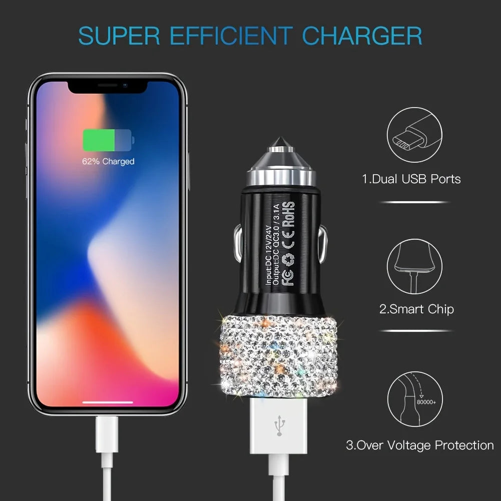 Car Bling USB Styling Diamond Car Accessories Interior Car Dual USB Charger Port Fast Adapter Car Accessories Interior for Woman