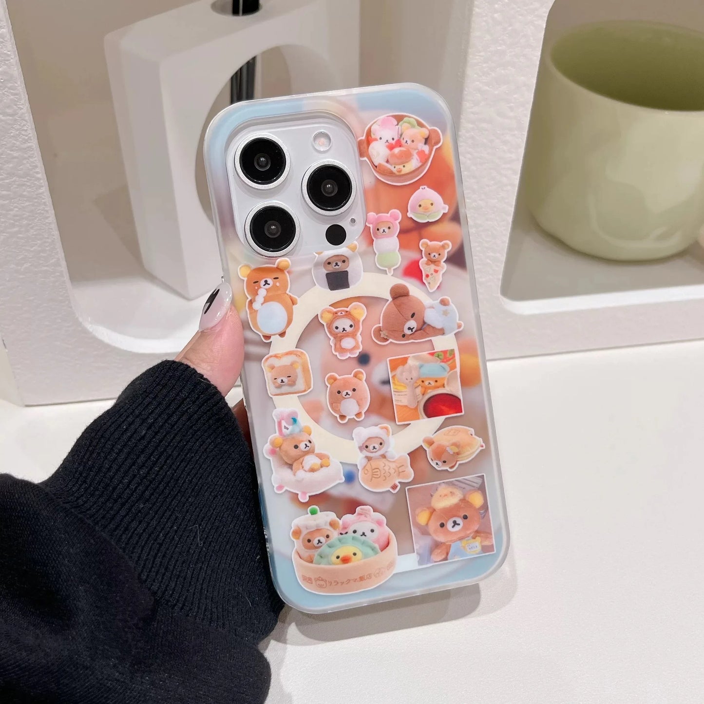 Funny Toast Dessert Bear Small Bell Magsafe Wireless Charge Case For iPhone 13 14 15 16 Pro Max Toast Rotate Bear Magnetic Stand