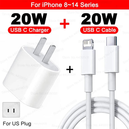 US EU Adapter 20W PD Fast Charger For iPhone 13 12 11 14 15 16 Pro Max Plus Fast Charging USB C Charger Type C Cable Accessories