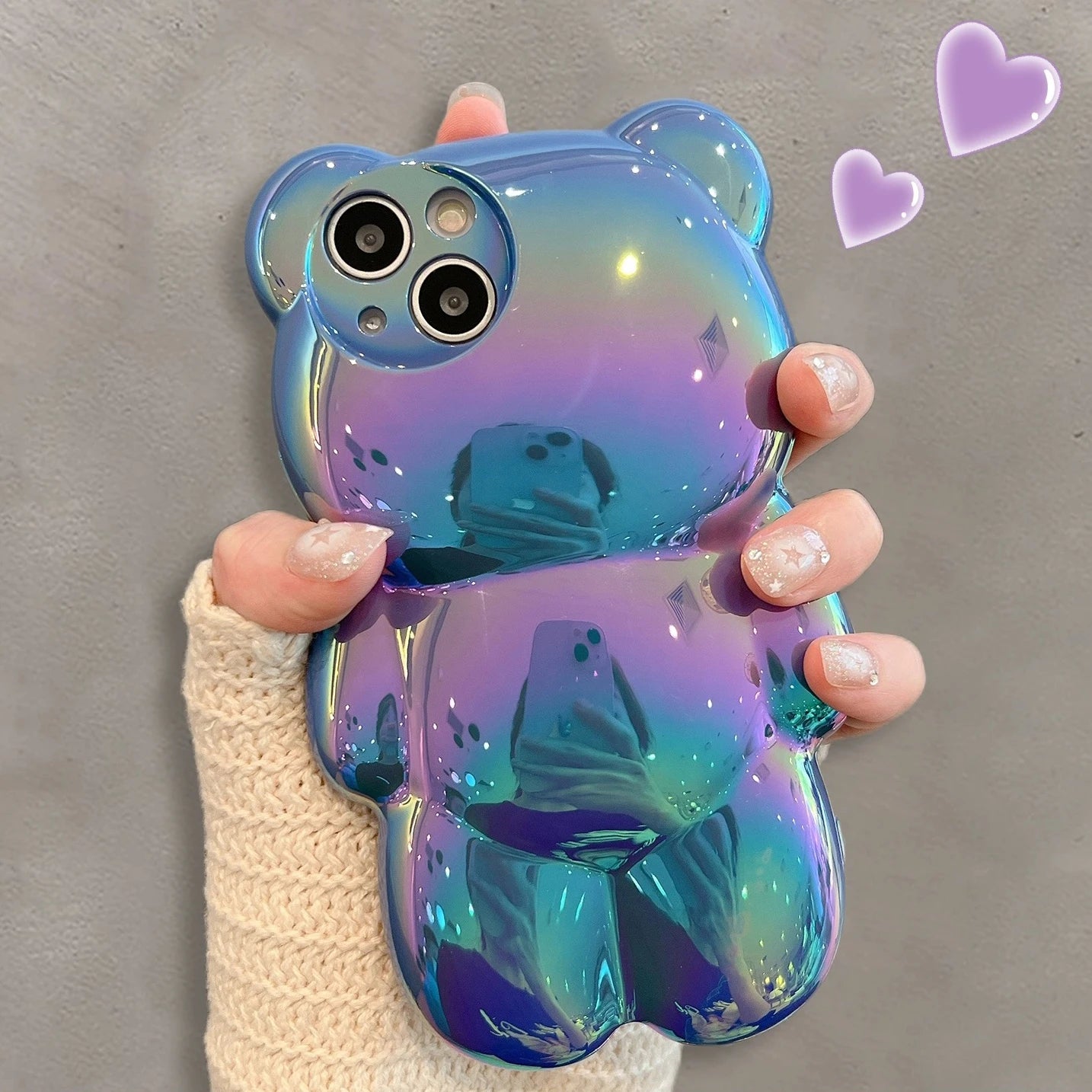 Ins Cute 3D Aurora Cartoon Bear Case For iPhone 11 13 12 14 15 16 Pro Max 16 Plus Colorful Laser Rainbow Gradient Soft Cover