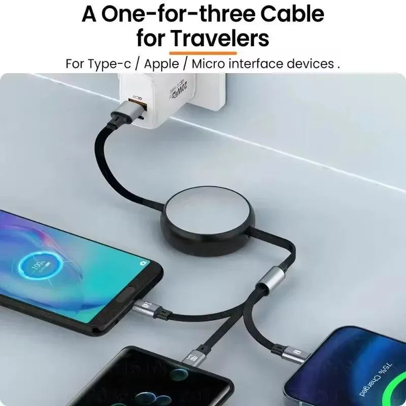 6A 100w  Data Cable 3 in1 Fast USB Cable Retractable Portable Charging Line Micro USB Type C Charger Cable For Iphine/Samsung