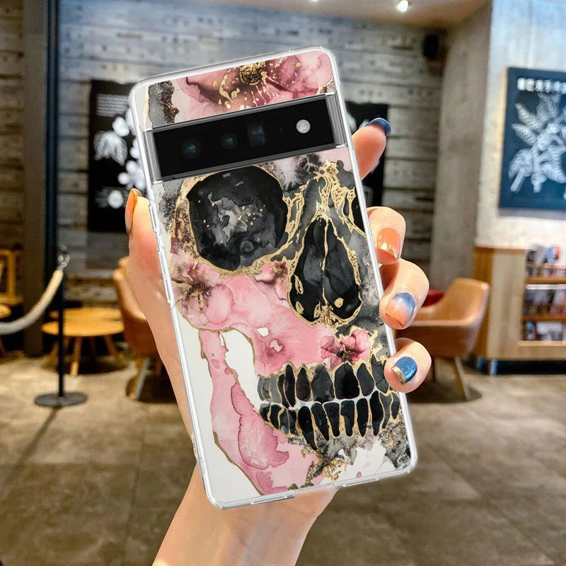 Phone Case For Google Pixel 10 9 8 7 6 9A 8A 7A 6A 5 4 5A 4A 3A Pro XL Soft Clear TPU Transparent Cover Hard Pink Purple Skull