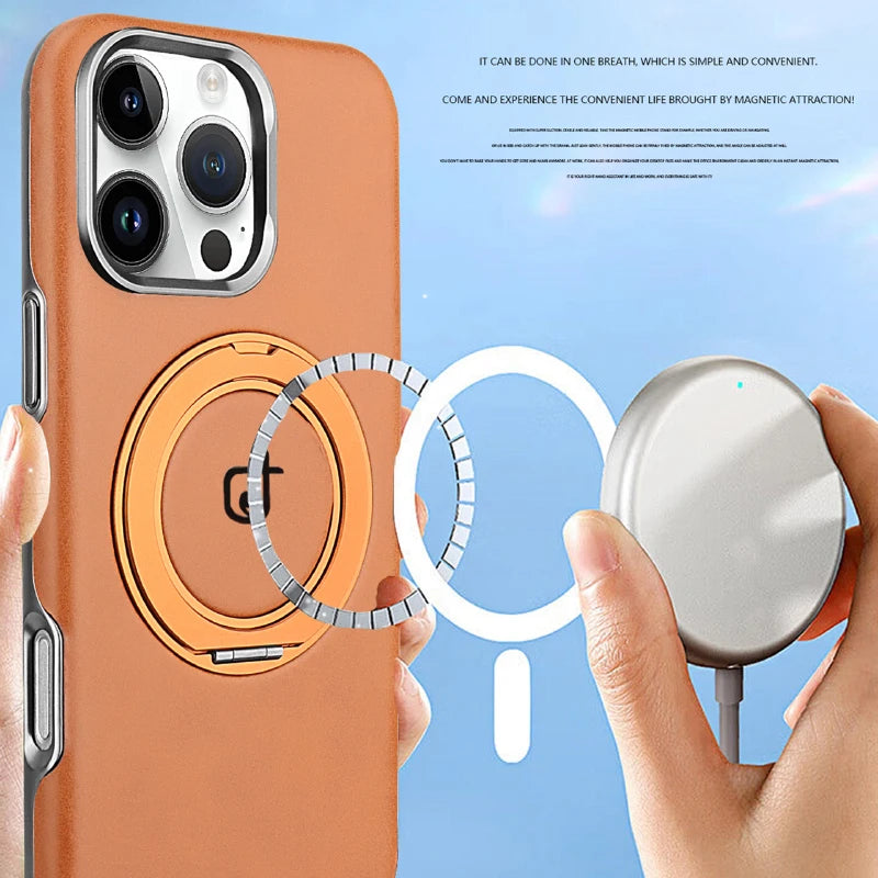 For Magsafe Magnetic 360°Rotating Car Bracket Ring Leather Phone Case For iPhone 16 Pro Max 14 11 12 13 15 Pro Max Bumper Cover
