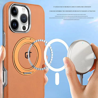 For Magsafe Magnetic 360°Rotating Car Bracket Ring Leather Phone Case For iPhone 16 Pro Max 14 11 12 13 15 Pro Max Bumper Cover