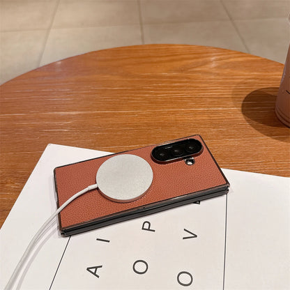 Lichee Pattern Leather Magnetic Case For Samsung Galaxy Z Fold 7 6 5 4 3 5G For Magsafe Phone Protection Hard Cover Shockproof