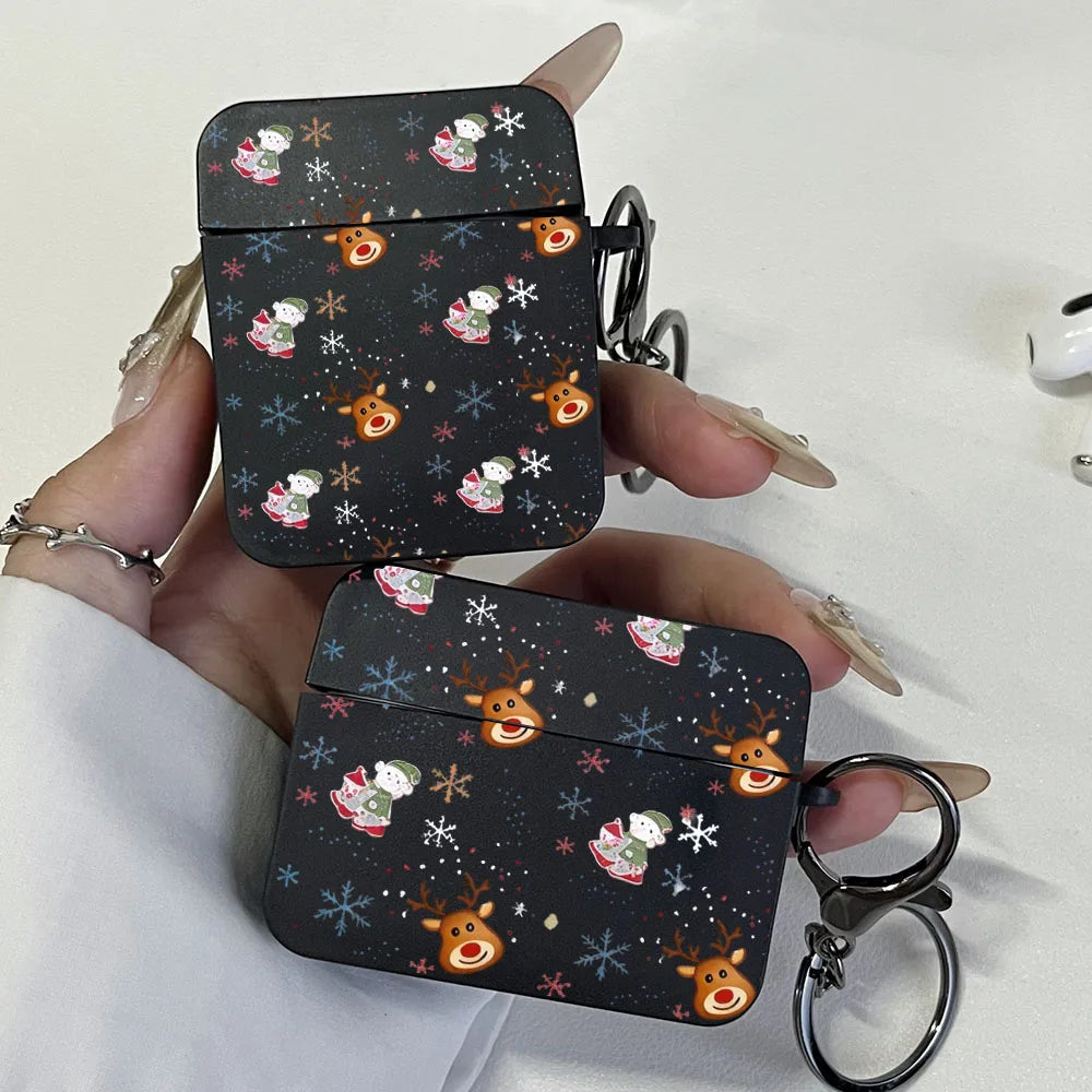 Christmas Reindeer Snowman Black Case for Apple AirPods 1/2, 3, 4, AirPods Pro2/Pro Wireless Bluetooth Earphone Protective Cover