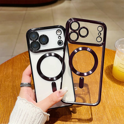 Luxury Plating Clear Case For iPhone 17 Air 16 15 14 13 12 11 17 Pro Max Shockproof Transparent Magnetic For Magsafe Lens Cover