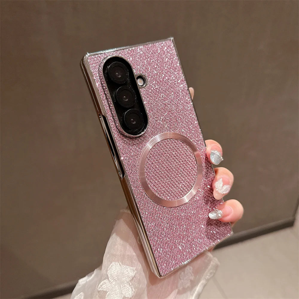 Luxury Magnet Magnetic Mini Diamond Glitter Phone Case For Samsung Z Fold 7 6 5 4 3 For Magsafe Wireless Charging Plating Cover