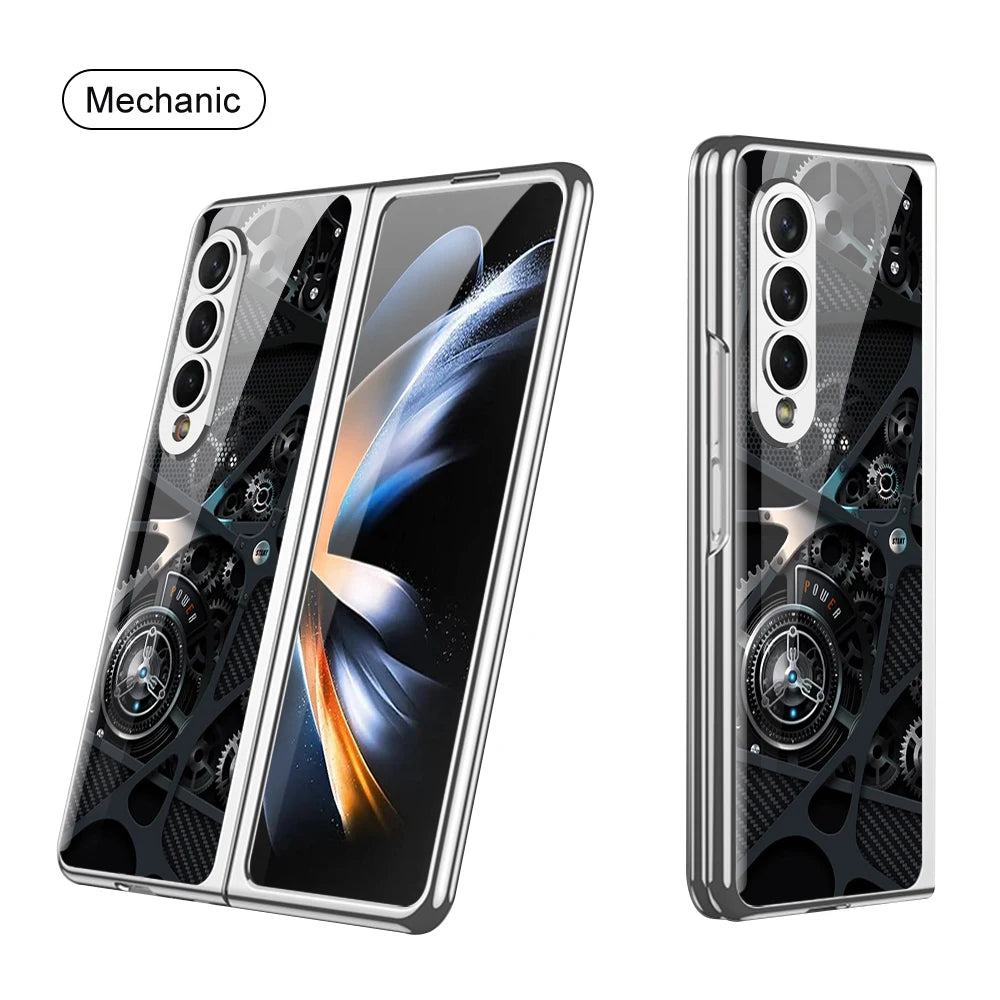 Luxury Plating Frame Case For Samsung Galaxy Z Fold 4 5G Painted Pattern Tempered Glass Hard Cover For Galaxy Z Fold5 4 3 Case