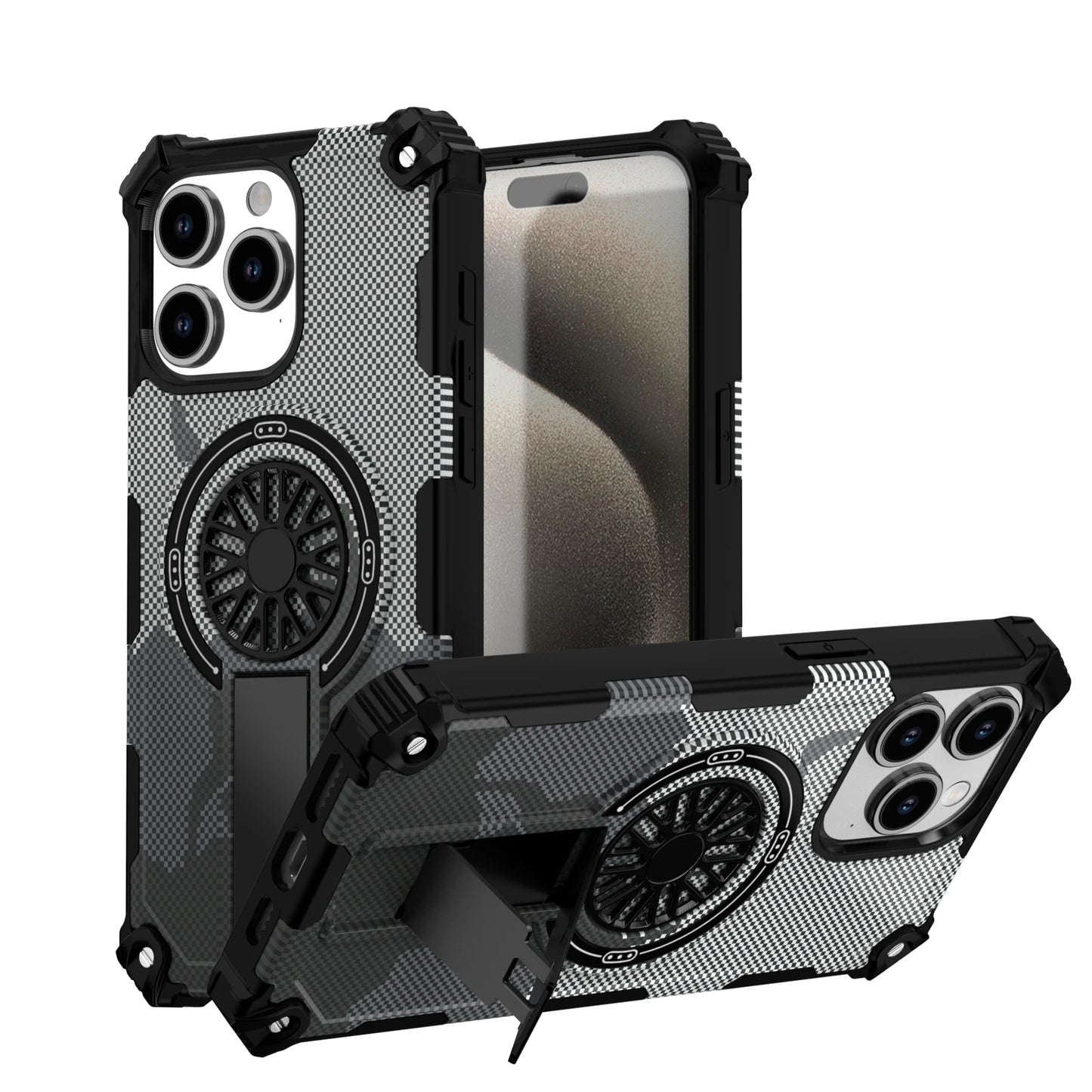 Camouflage Army Green Carbon Magnetic Phone Case Stand For Magsafe iPhone 16 15 PM 14 Plus 13 12 Pro Max 11 16e Protection Cover