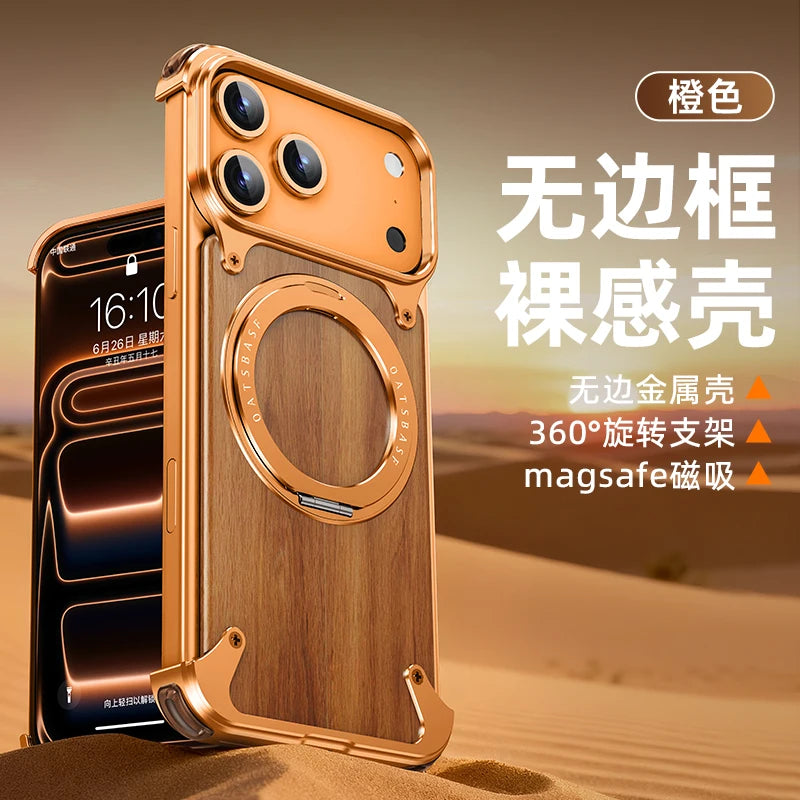 Oatsbasf Solid Wooden Phone Case for iPhone 17 Pro/Pro Max/17 Air with 360° Rotating Ring Stand Magnetic Shockproof Protective