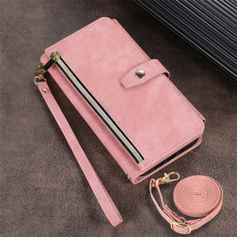 Phone Case for Samsung Galaxy S23 S24 FE S25 Ultra Edge S22 Plus A16 A06 A26 A36 A56 A15 A35 A55 Cover Zipper Wallet Crossbody