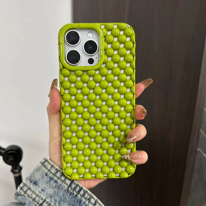 Fashion Green Pearl Round Bead Hollow Out Phone Case For iPhone 16 15 13 14 Pro Max Soft TPU Heat Dissipation Back Cover