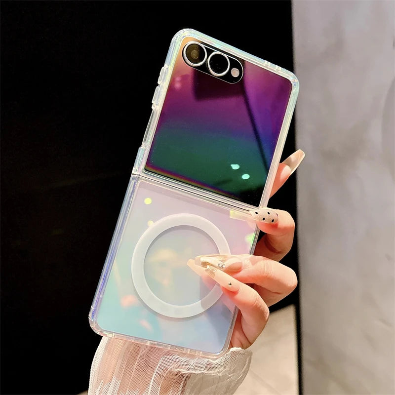 Gradient Aurora Rainbow Laser Magnetic for Magsafe Case for Samsung Galaxy Z Fold 7 6 5 4 3 ZFlip 7 6 5 4 3 Clear Colorful Cover