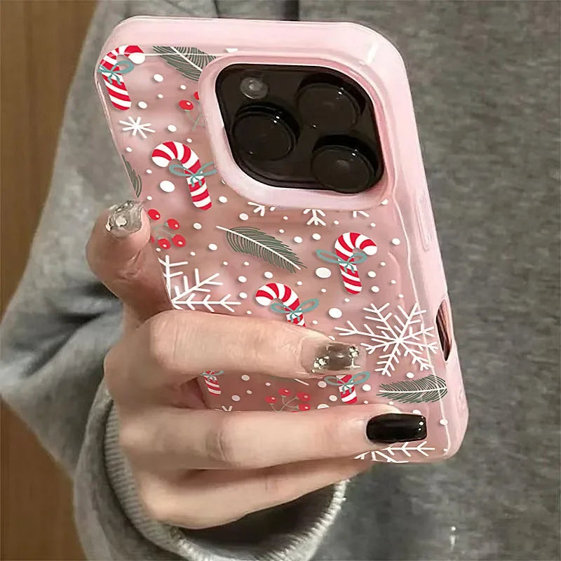Snowflake Candy Cane Soft Winter Christmas Cartoon Phone Case For iPhone 17 Air 16 15 14 13 12 11 Pro Max Plus Y2K Kawaii Cover