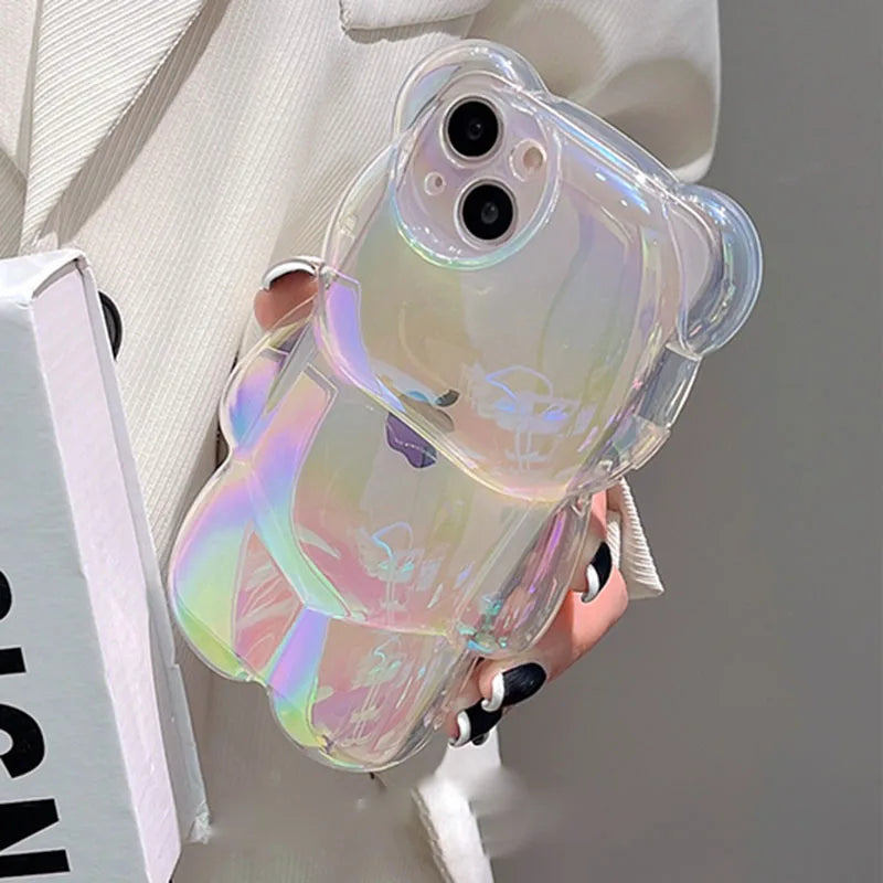 Ins Cute 3D Aurora Cartoon Bear Case For iPhone 11 13 12 14 15 16 Pro Max 16 Plus Colorful Laser Rainbow Gradient Soft Cover
