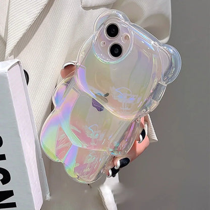 Ins Cute 3D Aurora Cartoon Bear Case For iPhone 11 13 12 14 15 16 Pro Max 16 Plus Colorful Laser Rainbow Gradient Soft Cover