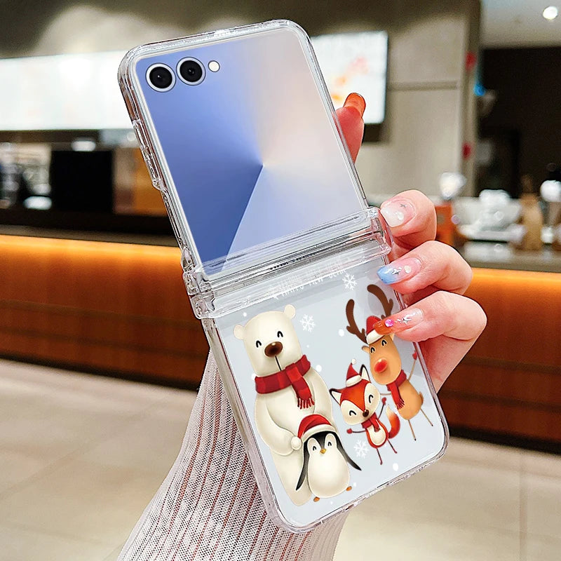 Christmas Tree Bear Clear Phone Case For Samsung Galaxy Z Flip 7 FE 6 5 4 3 5G Folding Hard PC Cover For Samsung Z Flip7 Flip6
