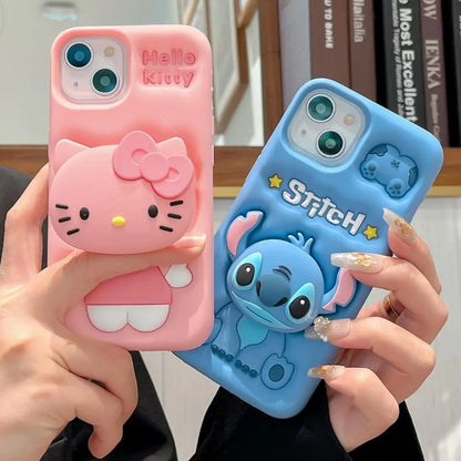 For iPhone 15 Pro Max 16 11 12 Pro 13 14 Pro Max 13Pro 3D Stitch Kitty Face Grip Tok Holder Cartoon Silicon Soft Phone Case