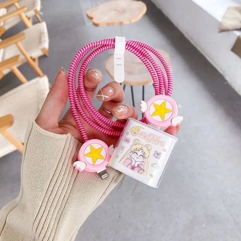 Pink kawaii Sailor Moon peripherals iPhone13 data line protect Wire winding Rope Charger Soft shell smart cover iPhone currenc