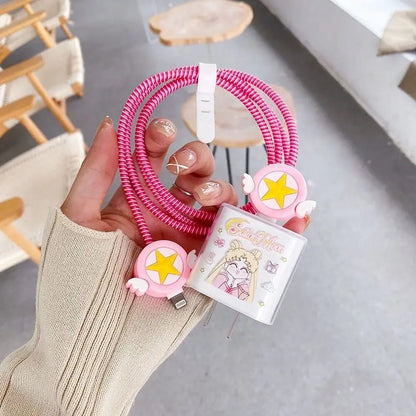 Pink kawaii Sailor Moon peripherals iPhone13 data line protect Wire winding Rope Charger Soft shell smart cover iPhone currenc